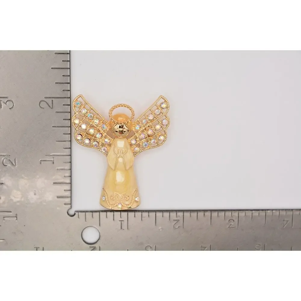 Monet Vintage Crystal Angel Pin Brooch Enamel Gold AB Rhinestone Christmas BinAT